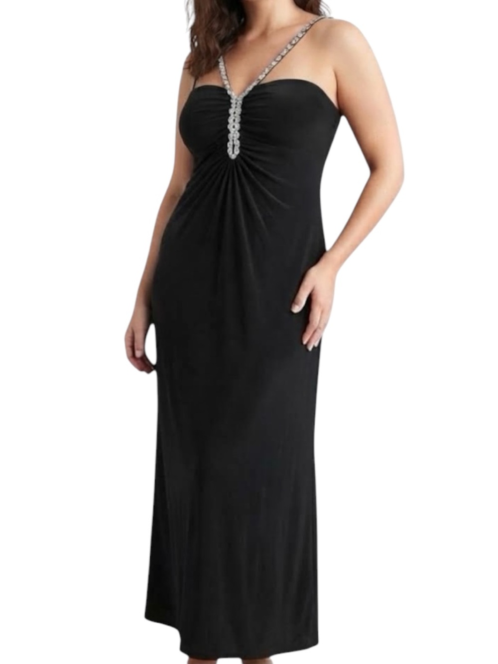 LAURA PLUS Black Beaded Neckline Ruched Maxi Evening Gown Size 16W Gala